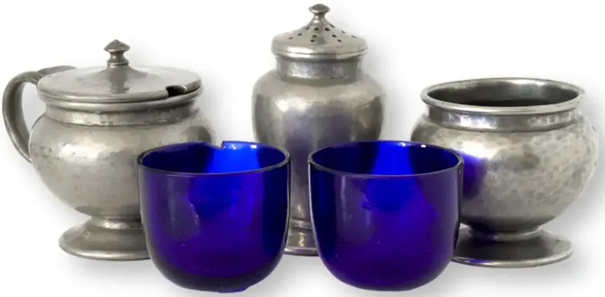 Antique English Pewter Trio Cruet Set - Blue