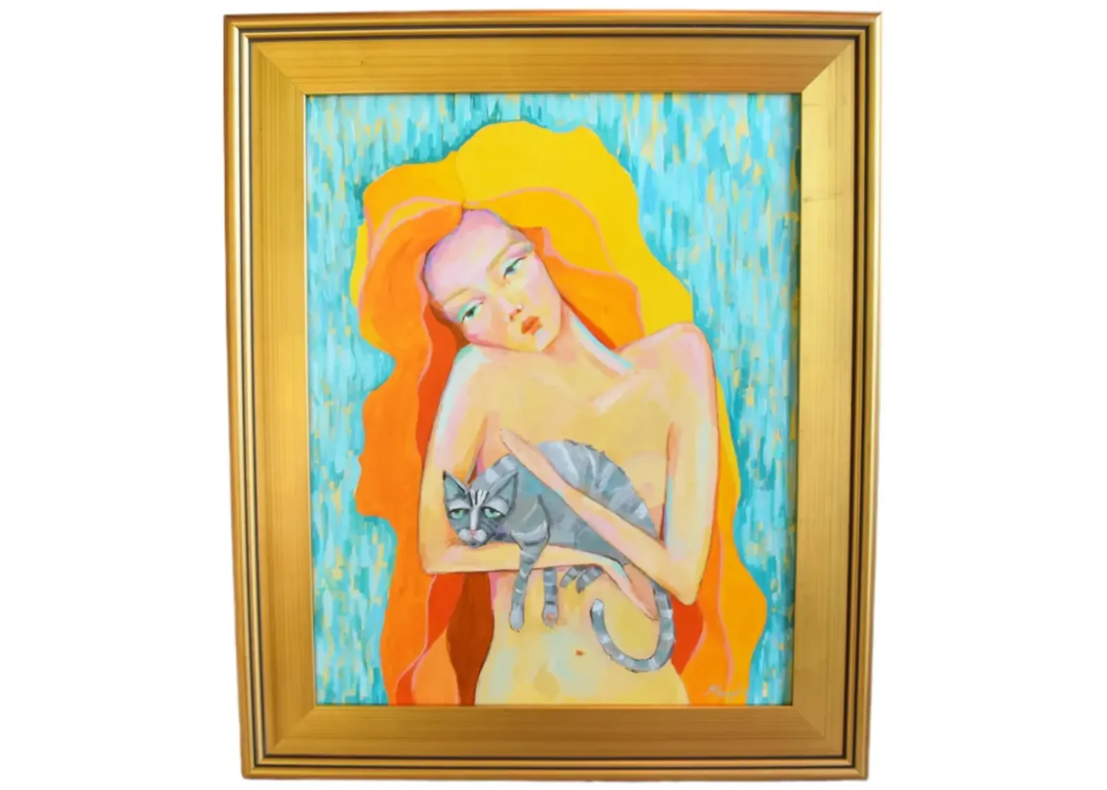 Red Headed Nude Woman Holding Gray Cat - Blue