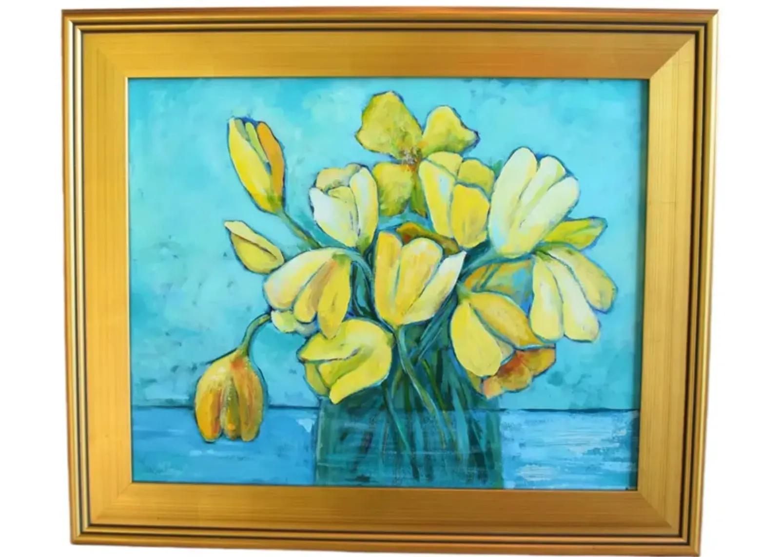 Beautiful Vase of Yellow Tulips Painting - Blue