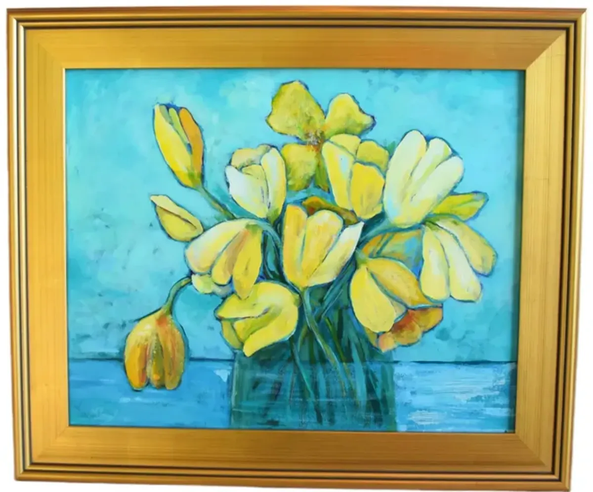 Beautiful Vase of Yellow Tulips Painting - Blue