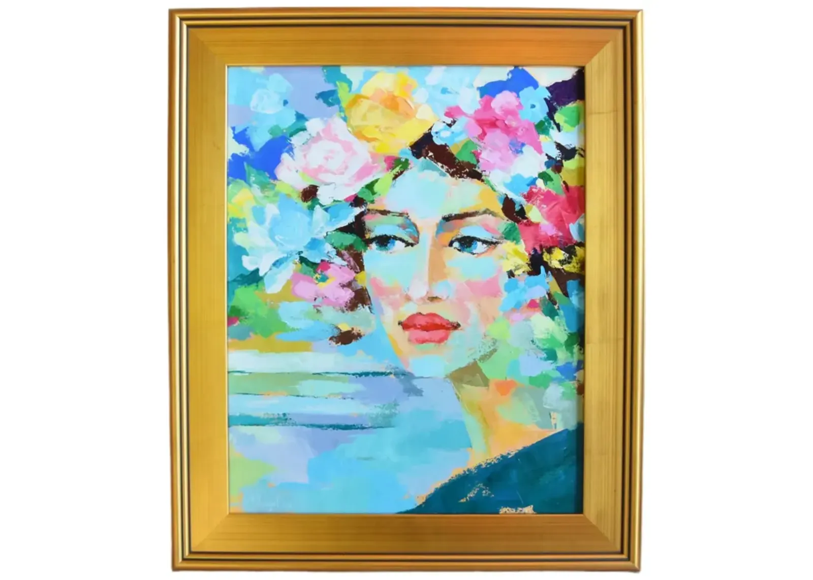 Dreamy Floral Lady Portrait Oil Painting - Blue