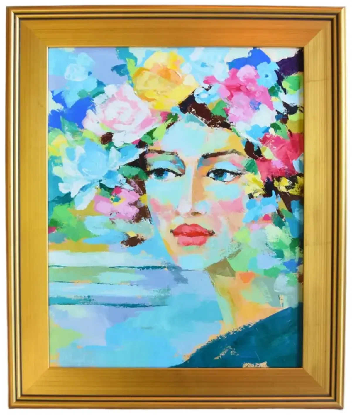 Dreamy Floral Lady Portrait Oil Painting - Blue