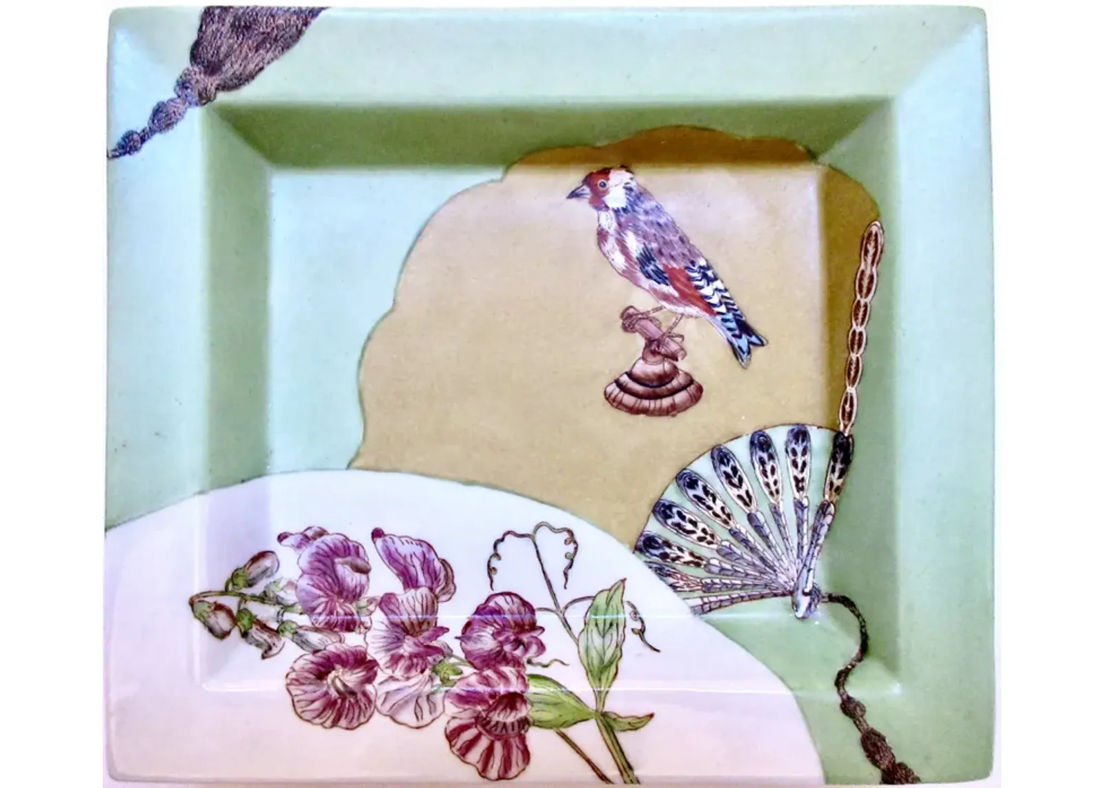 Porcelain Bird and Fan Tray - Green