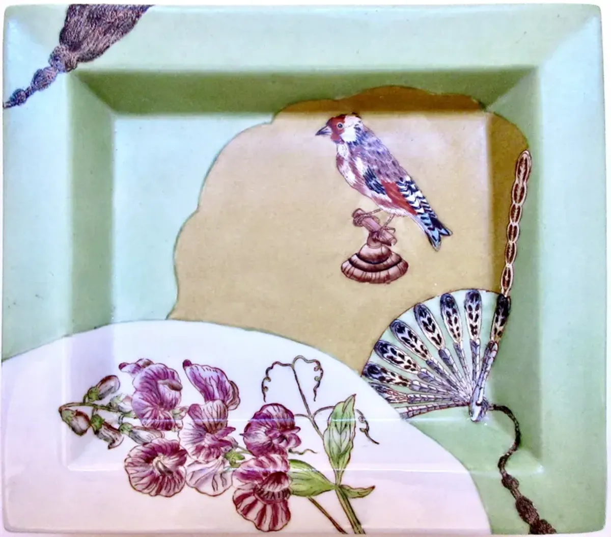 Porcelain Bird and Fan Tray - Green