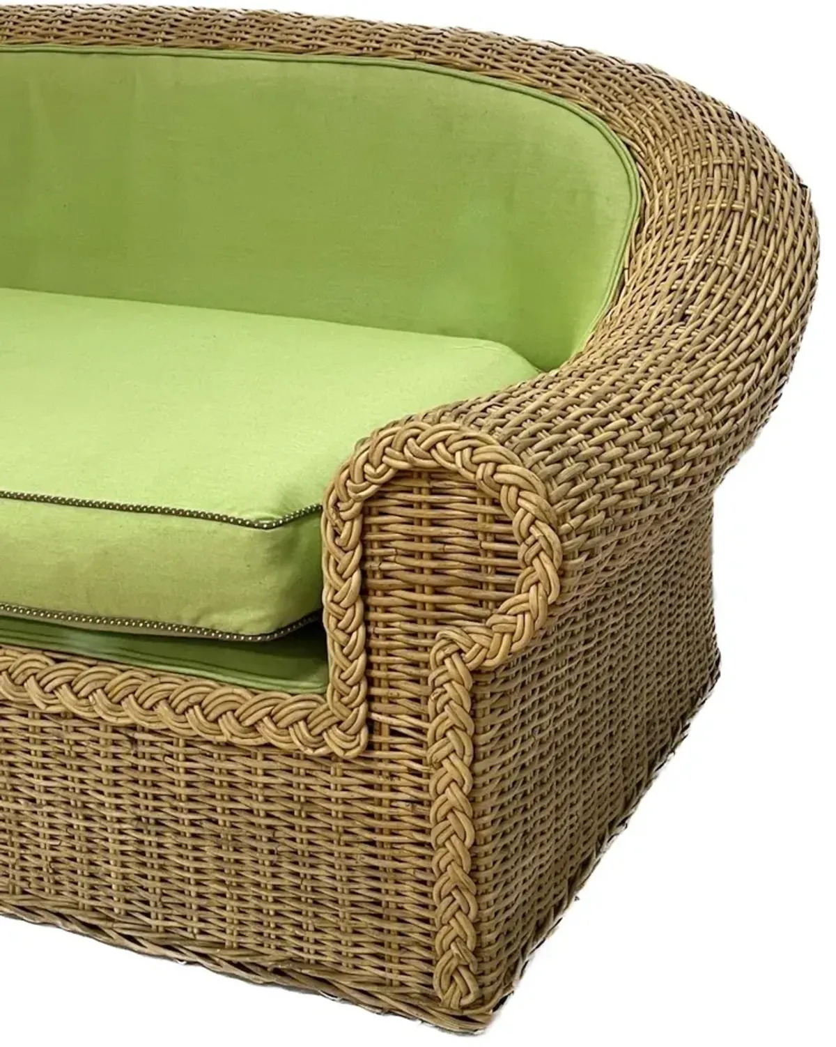 Large Green Upholstered Rattan Sofa