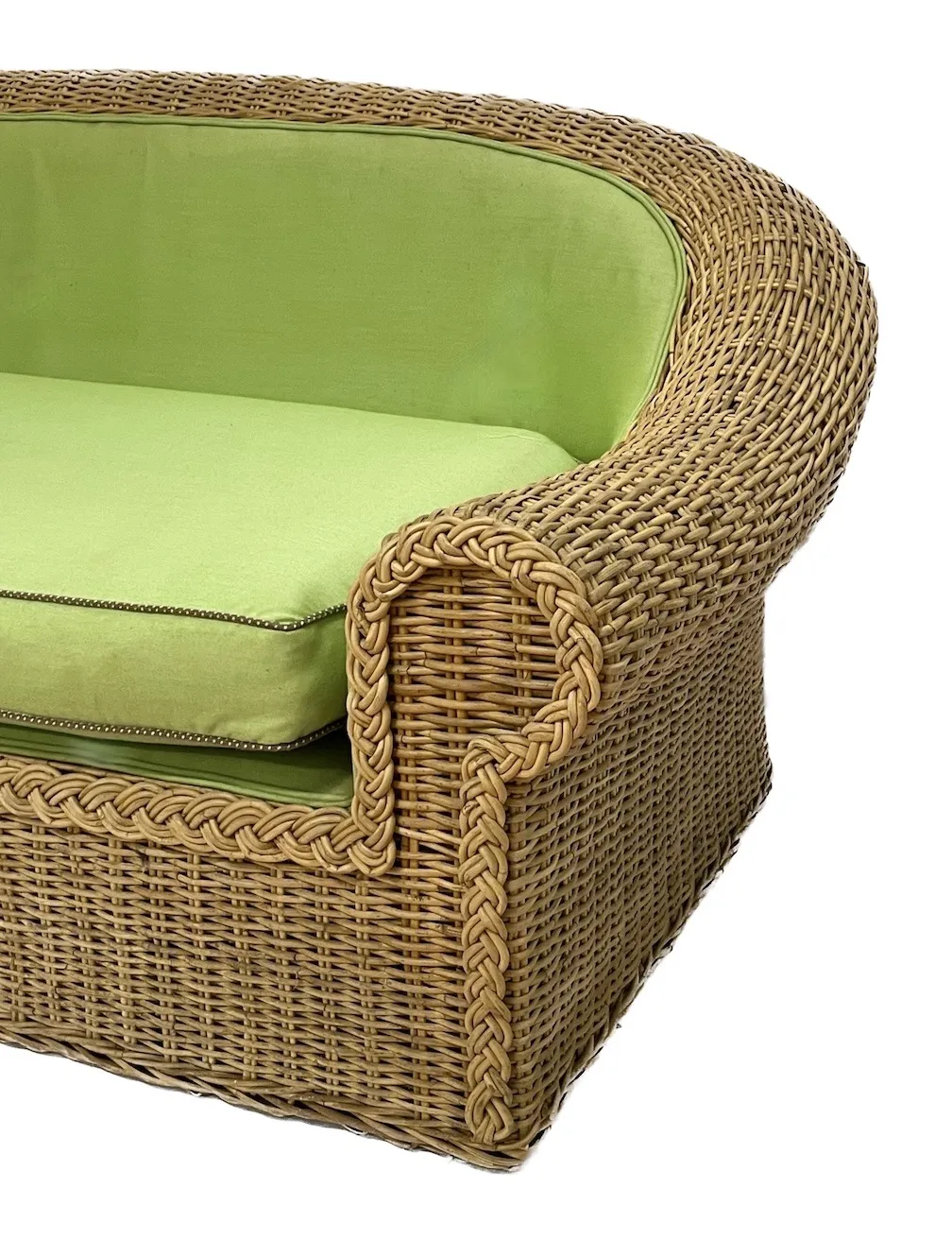 Large Green Upholstered Rattan Sofa