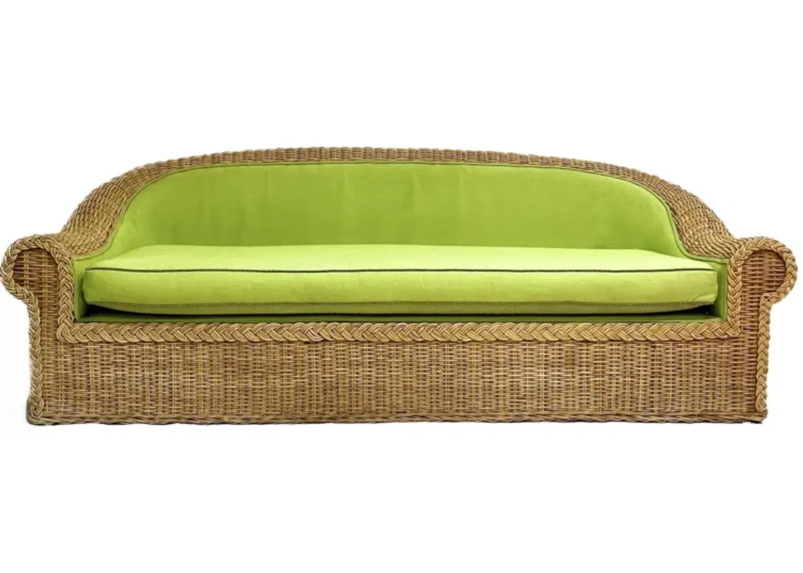 Large Green Upholstered Rattan Sofa