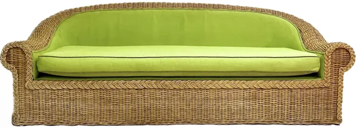 Large Green Upholstered Rattan Sofa