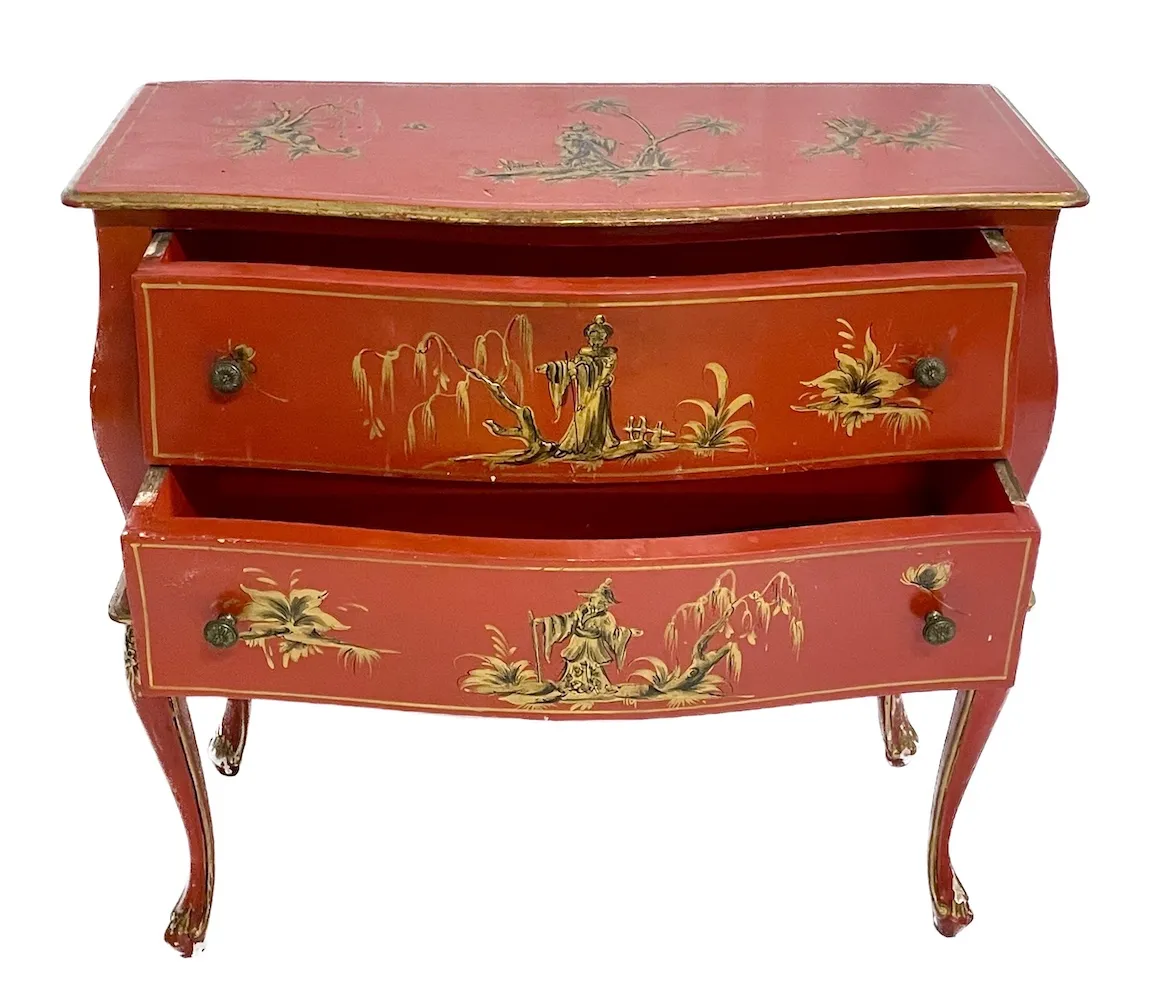 Red Chinoiserie Bombe Commode