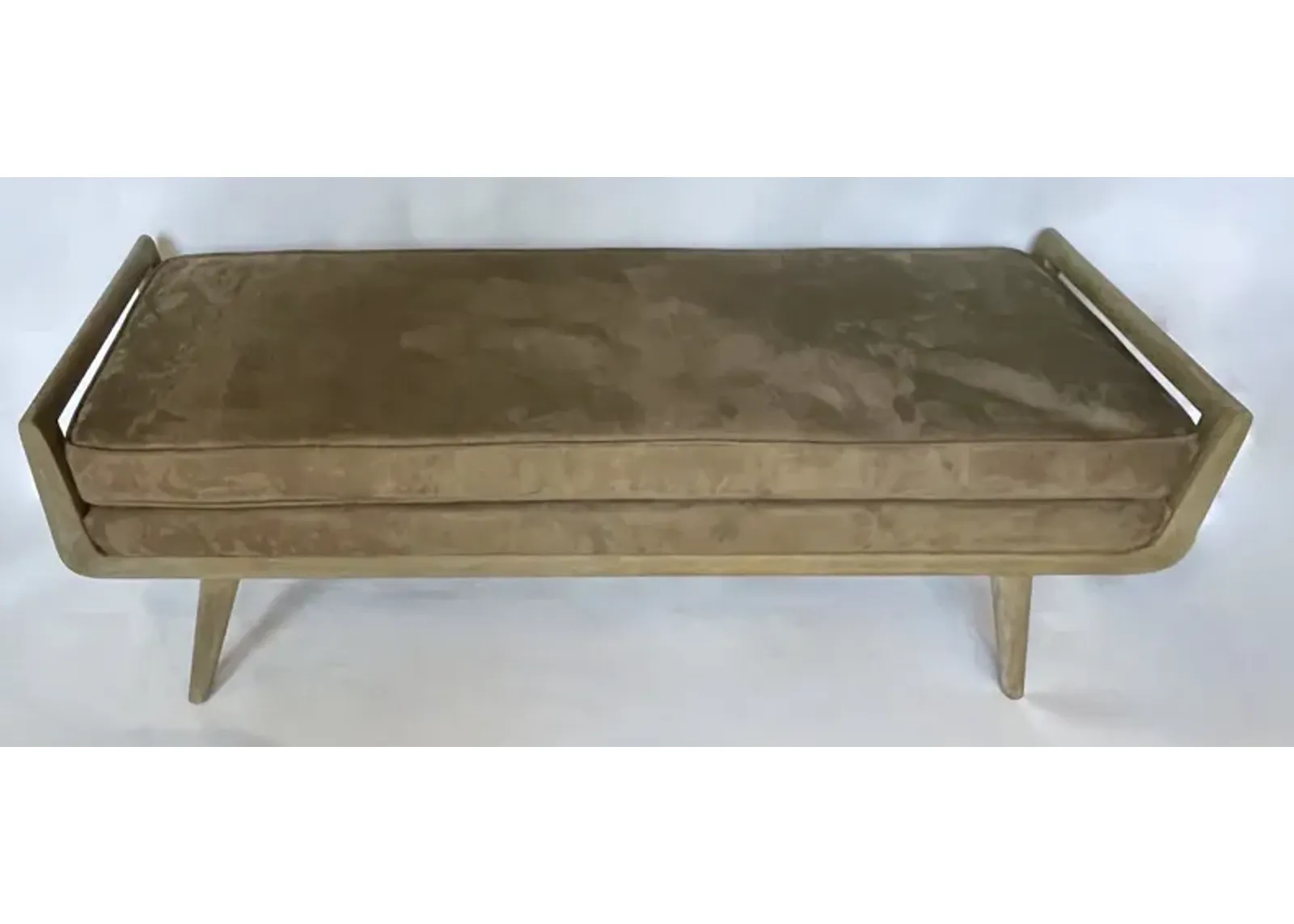 Vintage Cerused Wood & Suede Bench - Brown