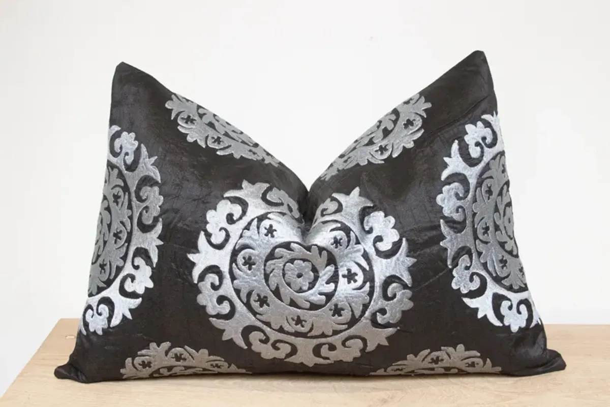 Charcoal Silk Suzani Pillow Cover