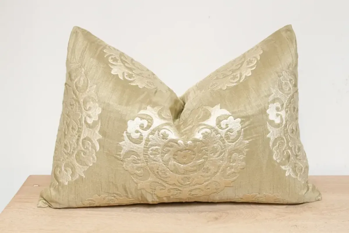 Tea Green Silk Suzani Pillow Cover