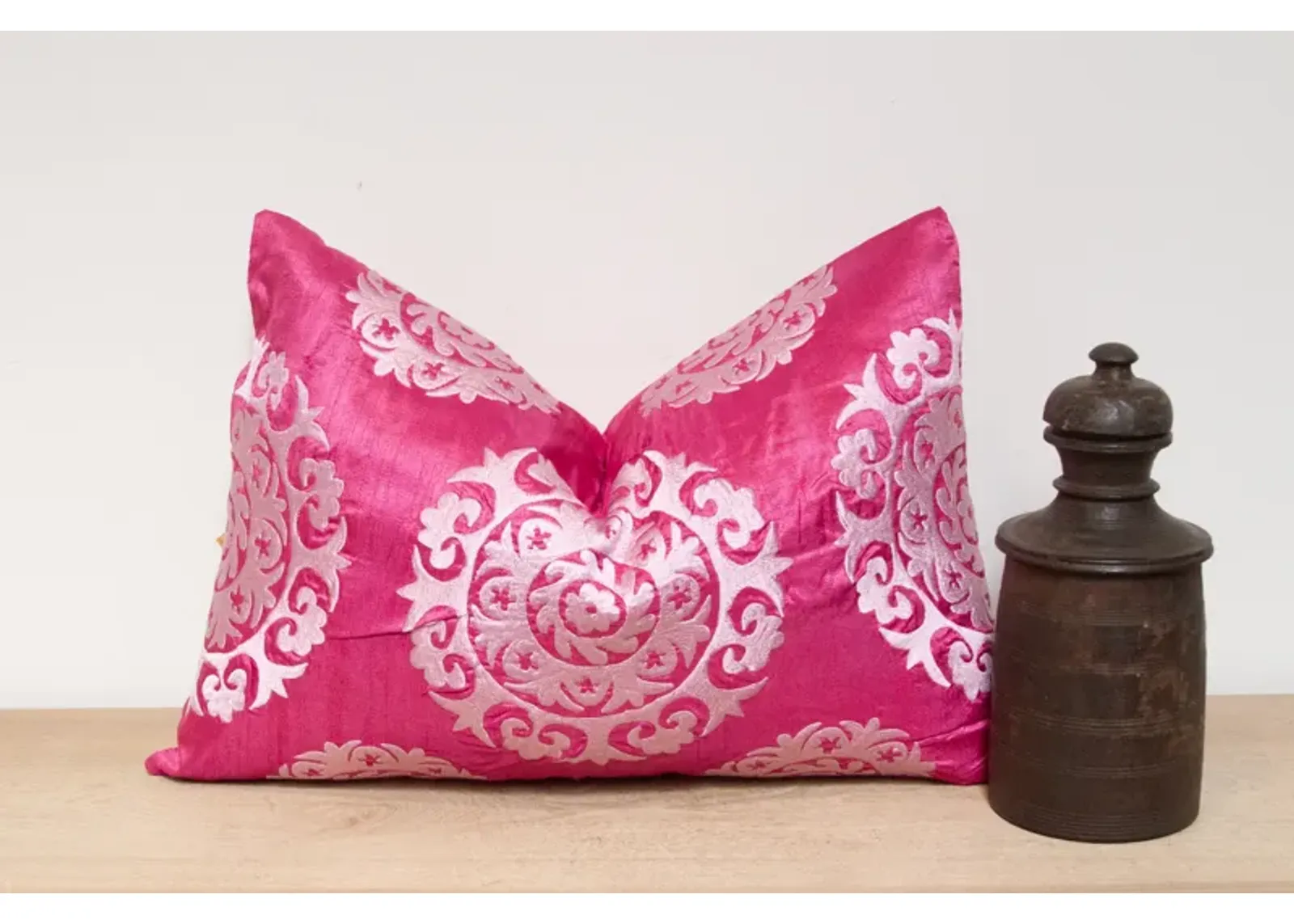 Thulian Pink Silk Suzani Pillow Cover