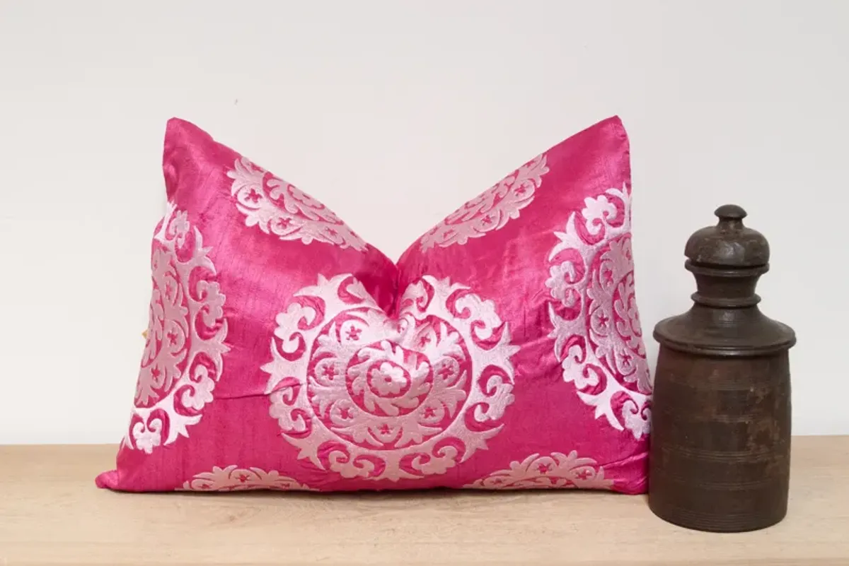 Thulian Pink Silk Suzani Pillow Cover