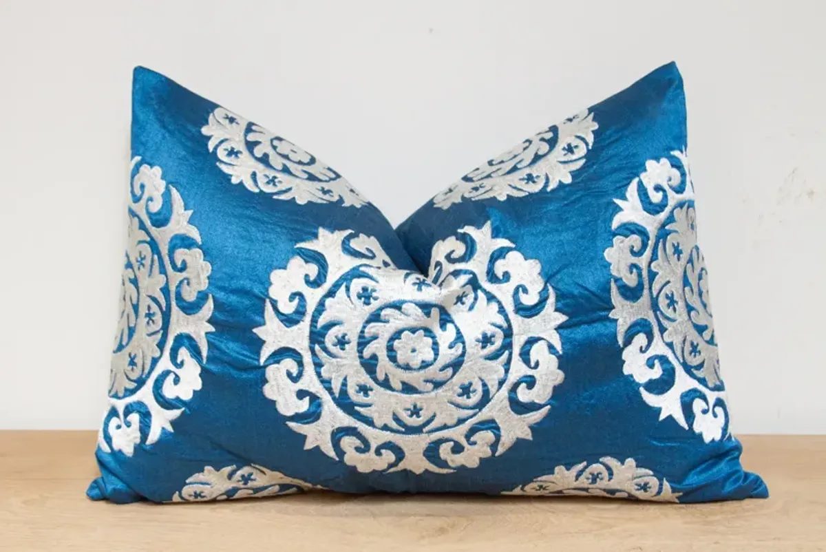 Bondi Blue Silk Suzani Pillow Cover