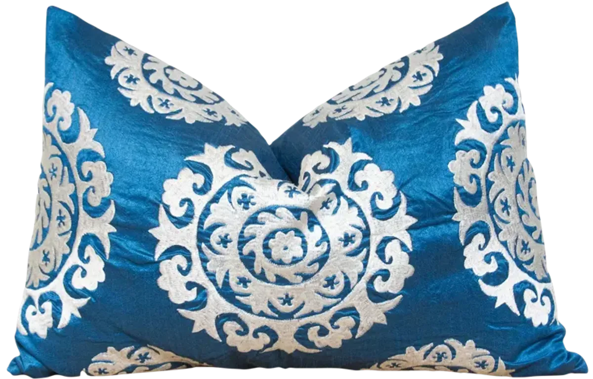 Bondi Blue Silk Suzani Pillow Cover