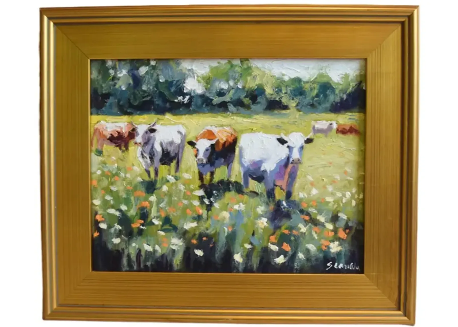 Impressionist Farmhouse Cattle Painting - Green