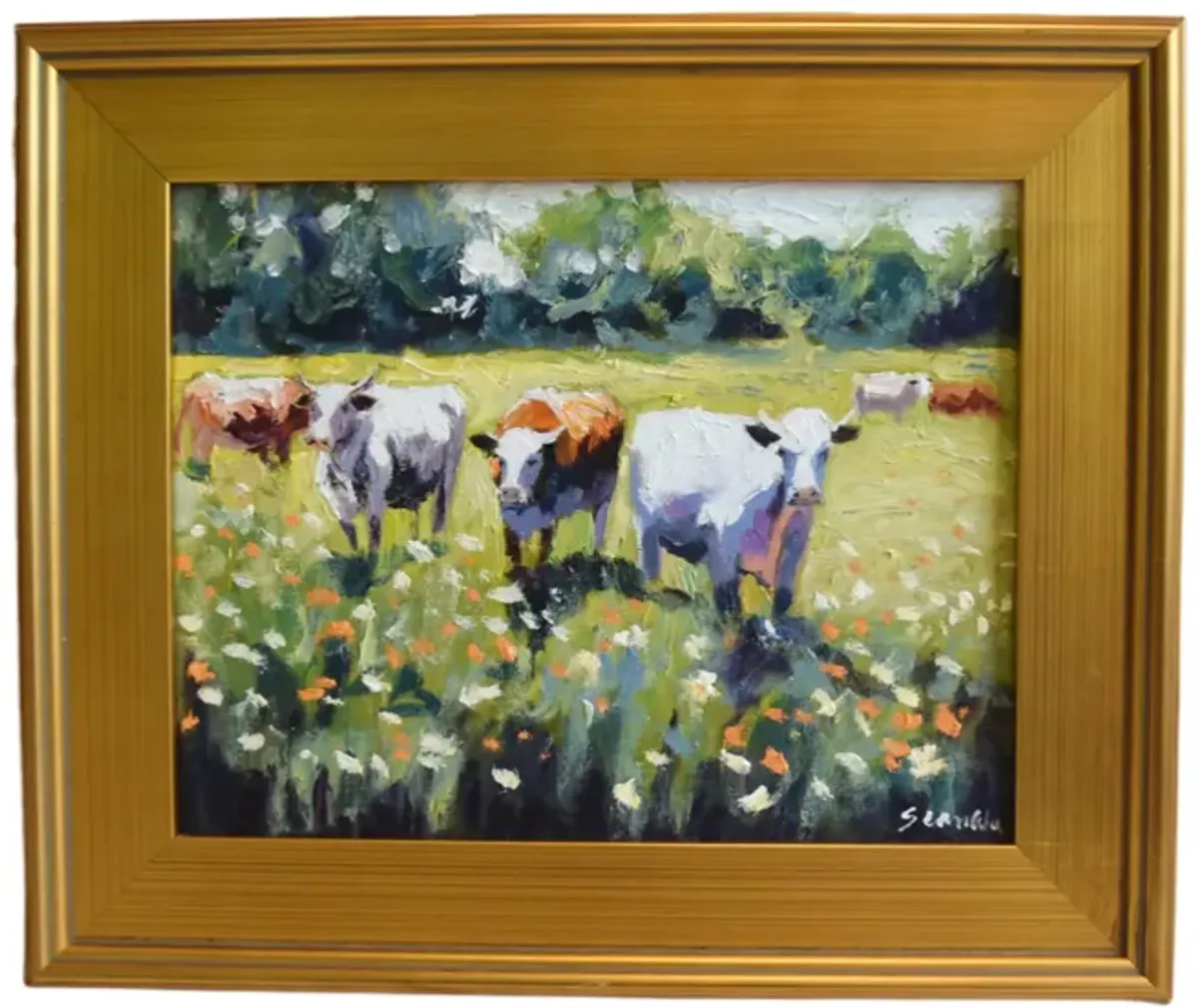 Impressionist Farmhouse Cattle Painting - Green