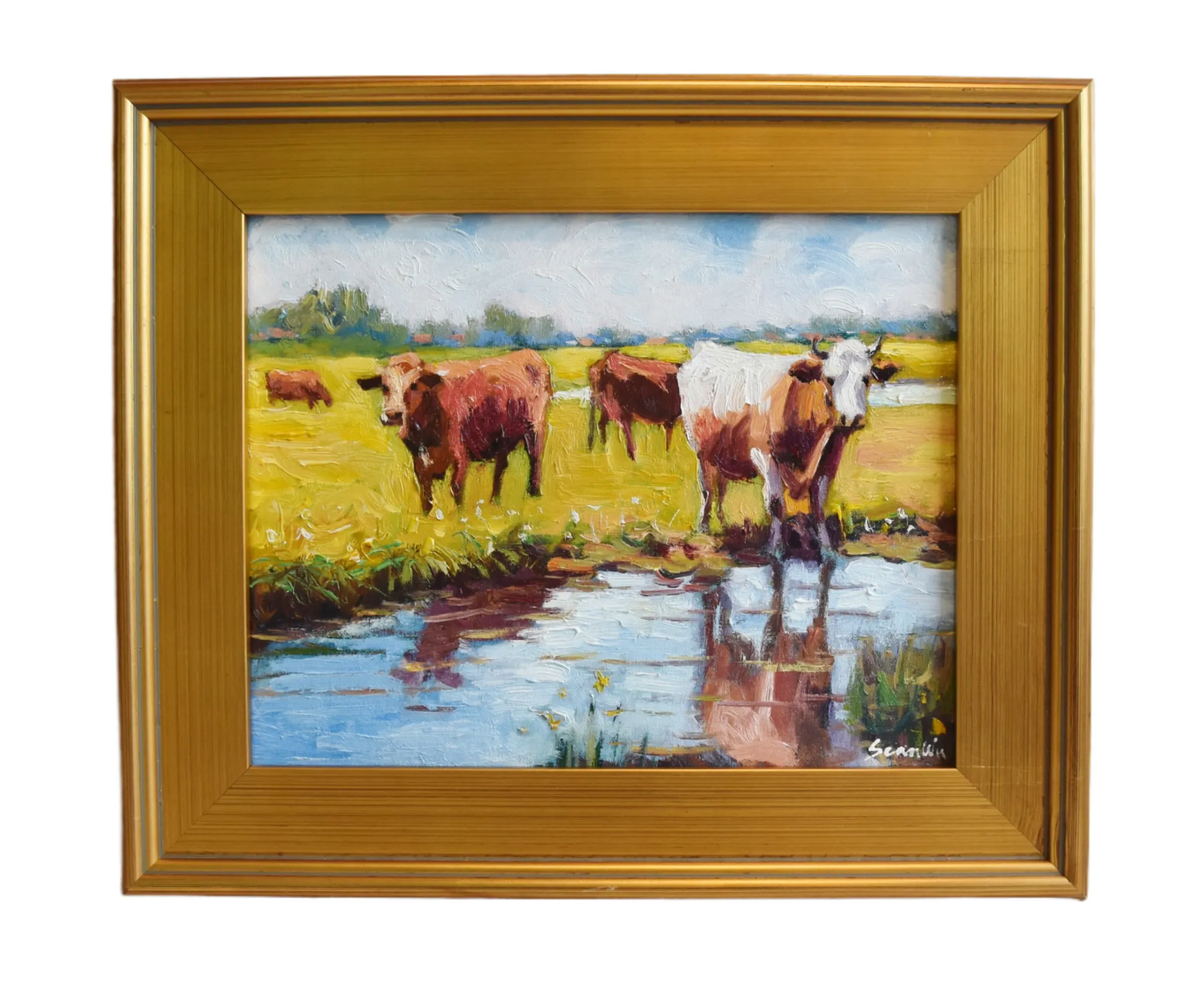 Impressionist Herd of Cattle Painting - Brown