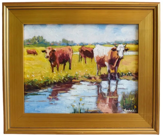 Impressionist Herd of Cattle Painting - Brown