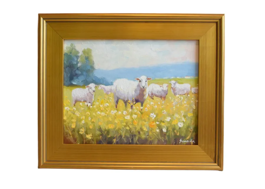 Impressionist Farmhouse Sheep Painting - Yellow