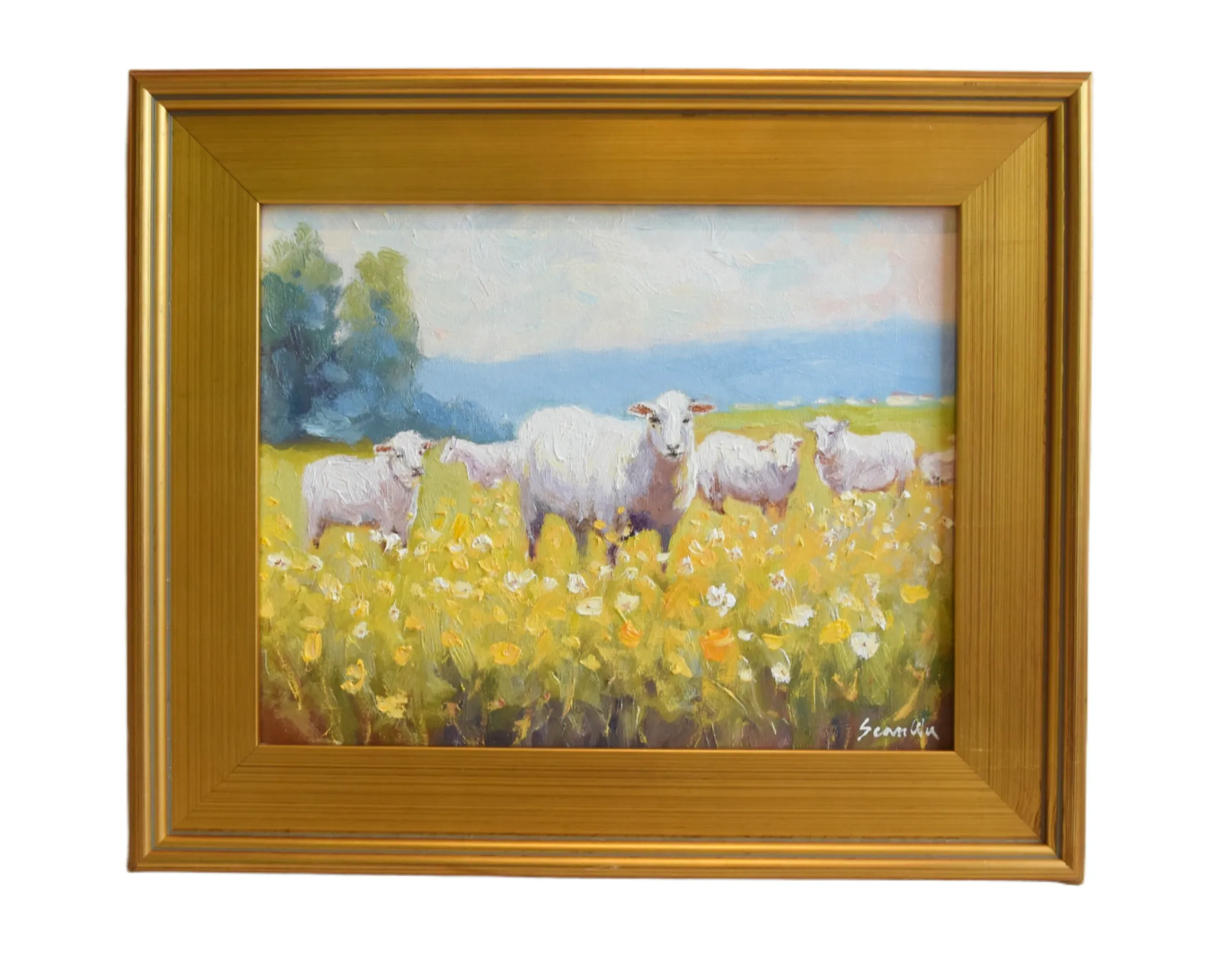 Impressionist Farmhouse Sheep Painting - Yellow