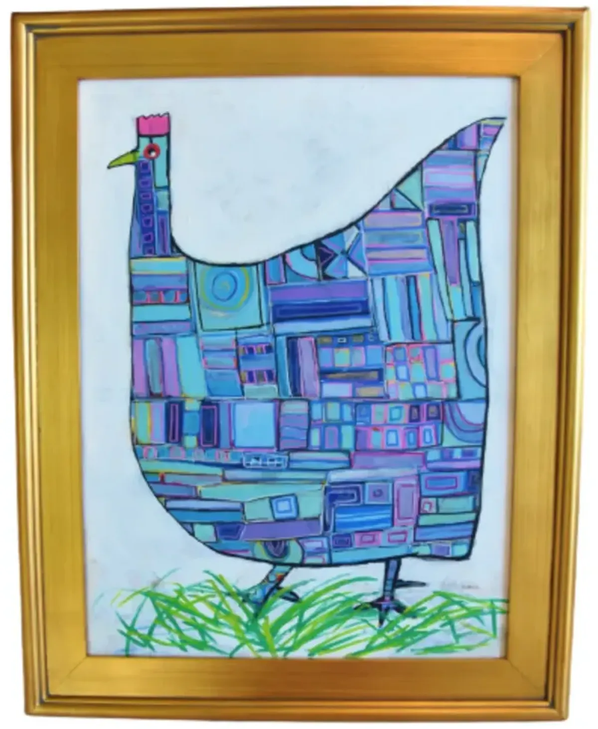 Folk Art Chicken Hen Rooster Painting - Blue