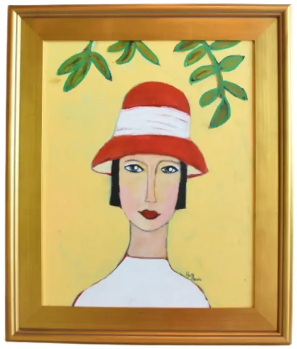 French Mademoiselle with Red Hat Portrait - Yellow