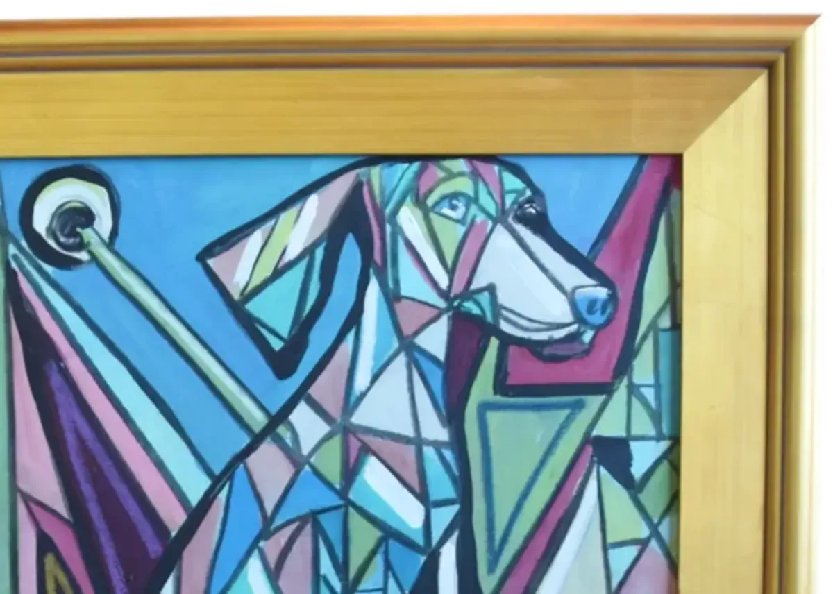 Contemporary Modern Cubism Dog Painting - Blue