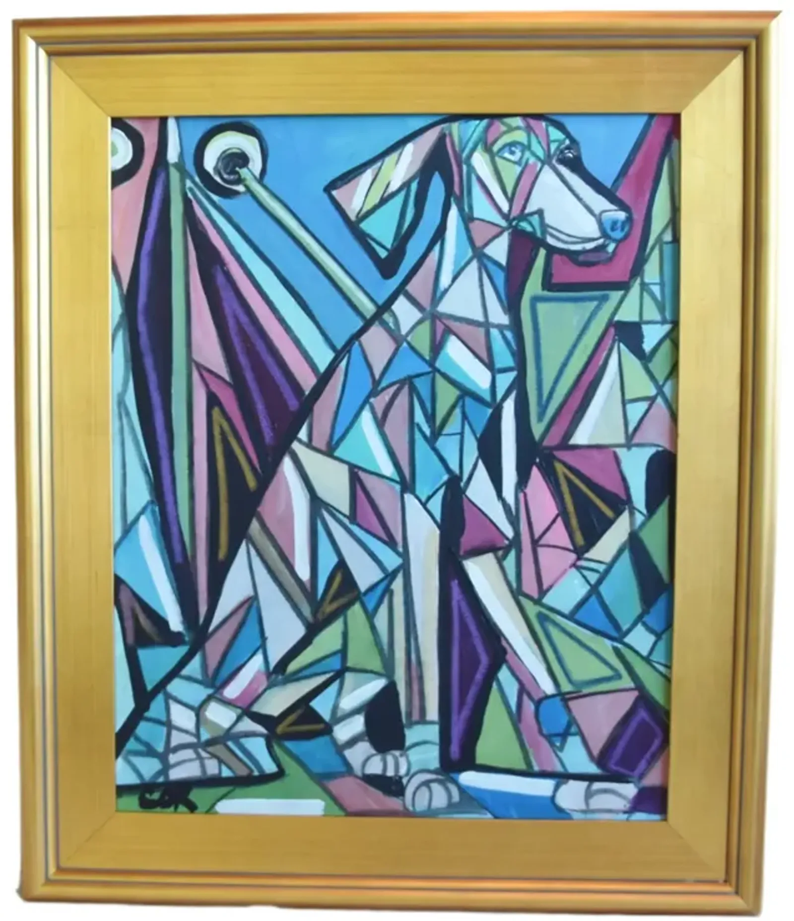 Contemporary Modern Cubism Dog Painting - Blue