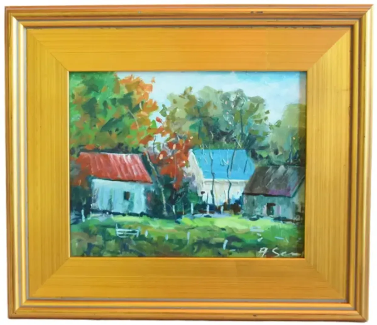 Impressionist Cottages in Meadow & Trees