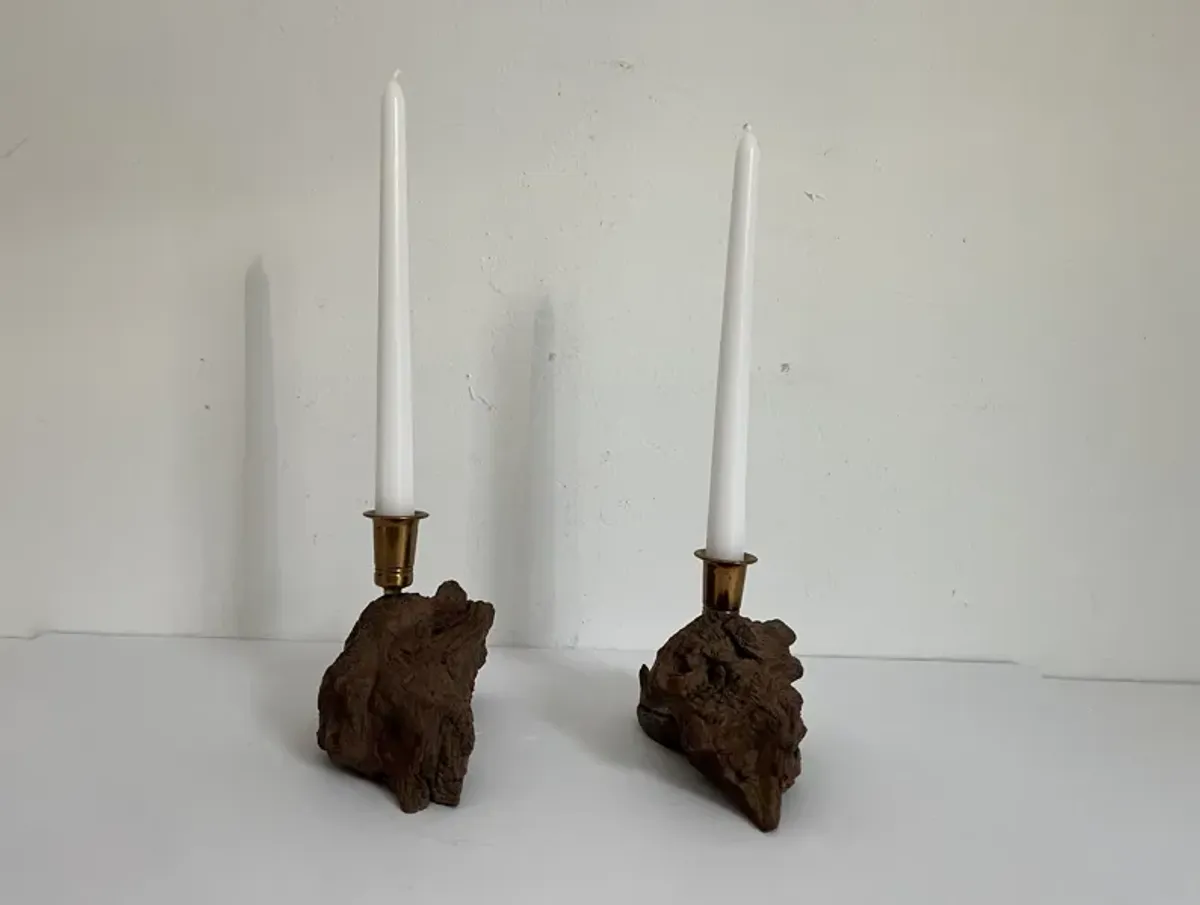 1960s Burl Wood Candle Holders - Set of 2