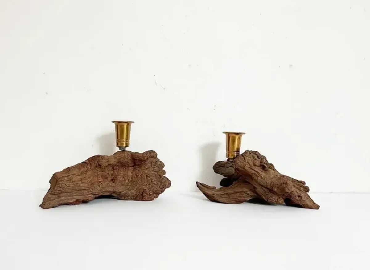 1960s Burl Wood Candle Holders - Set of 2