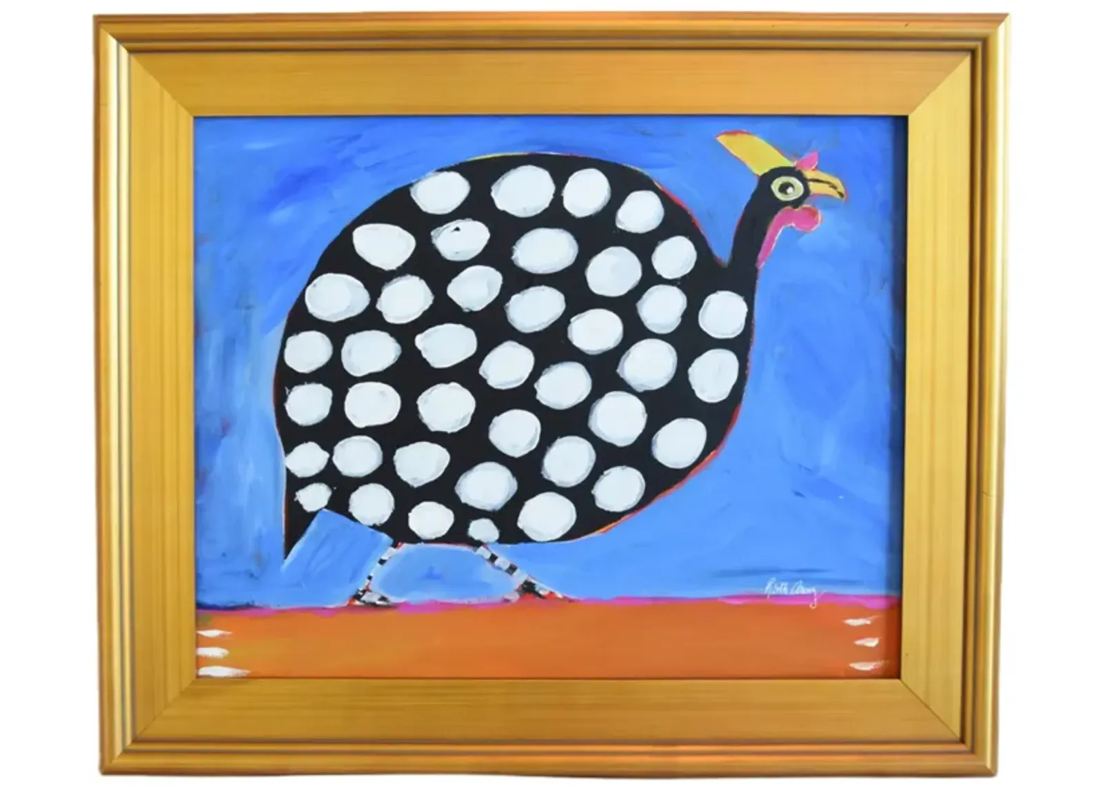 Folk Art Chicken Guinea Hen Oil Painting