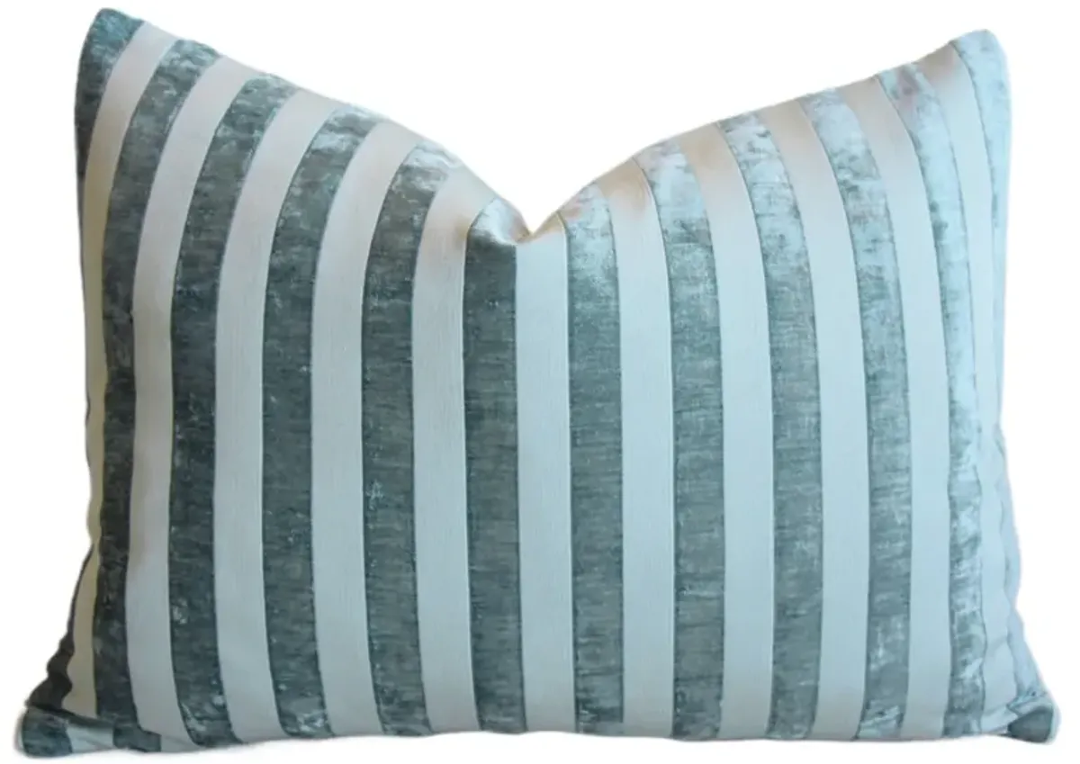 French Turquoise Velvet Striped Pillow