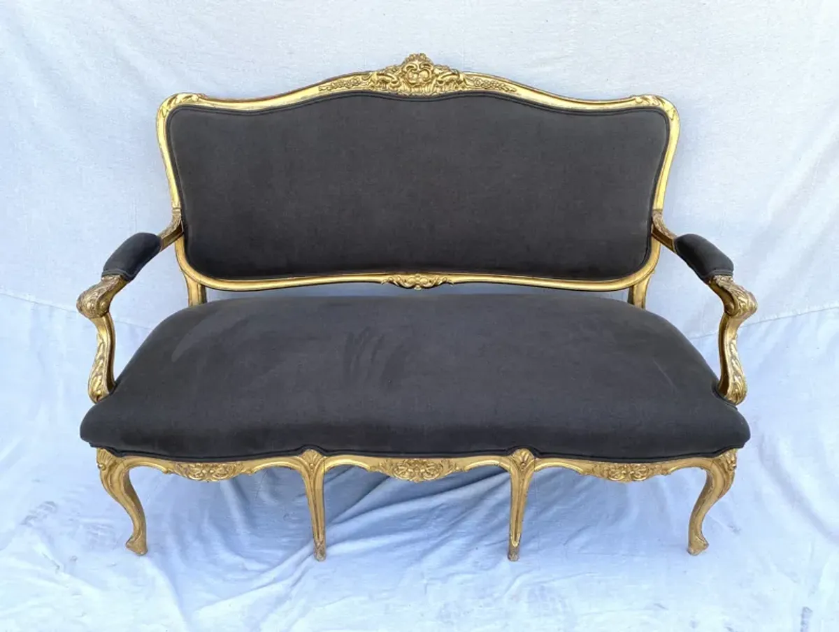 1930s French Water Gilt Settee W/ Linen