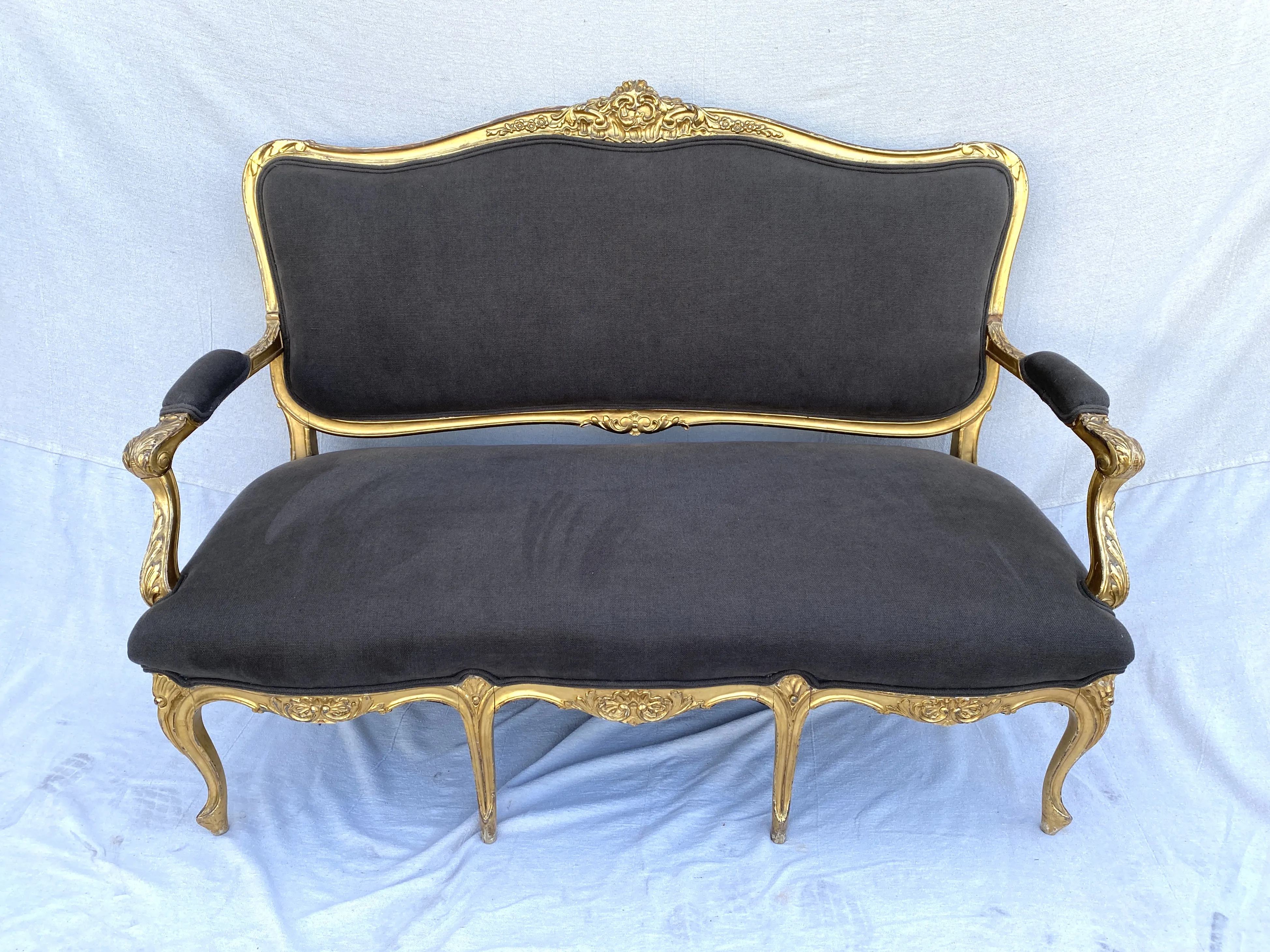 1930s French Water Gilt Settee W/ Linen