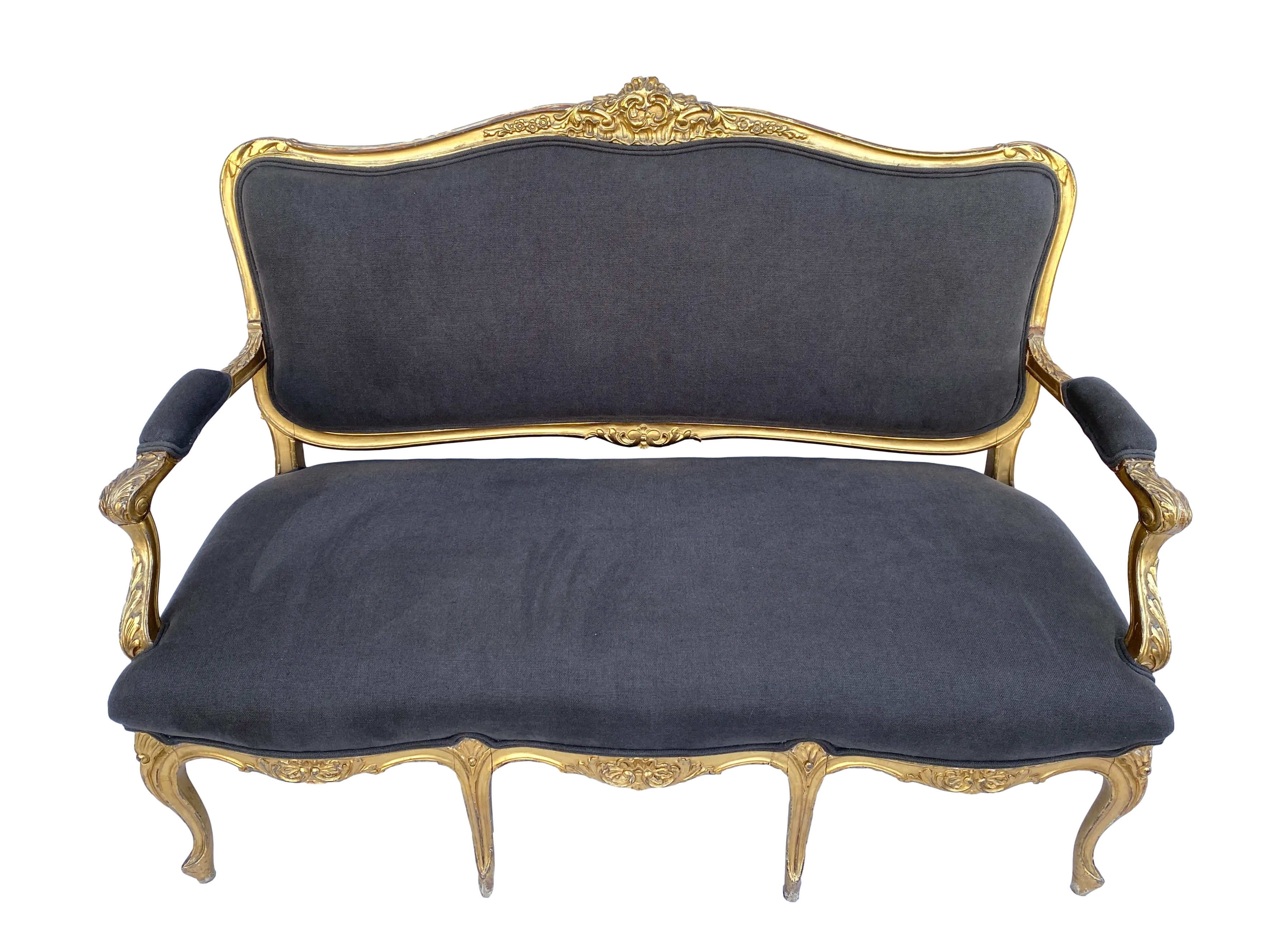 1930s French Water Gilt Settee W/ Linen