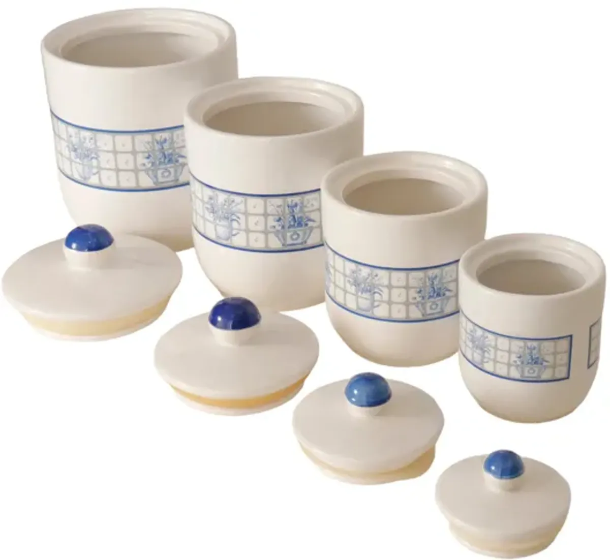 Blue & White Stoneware Canisters - Set of 3