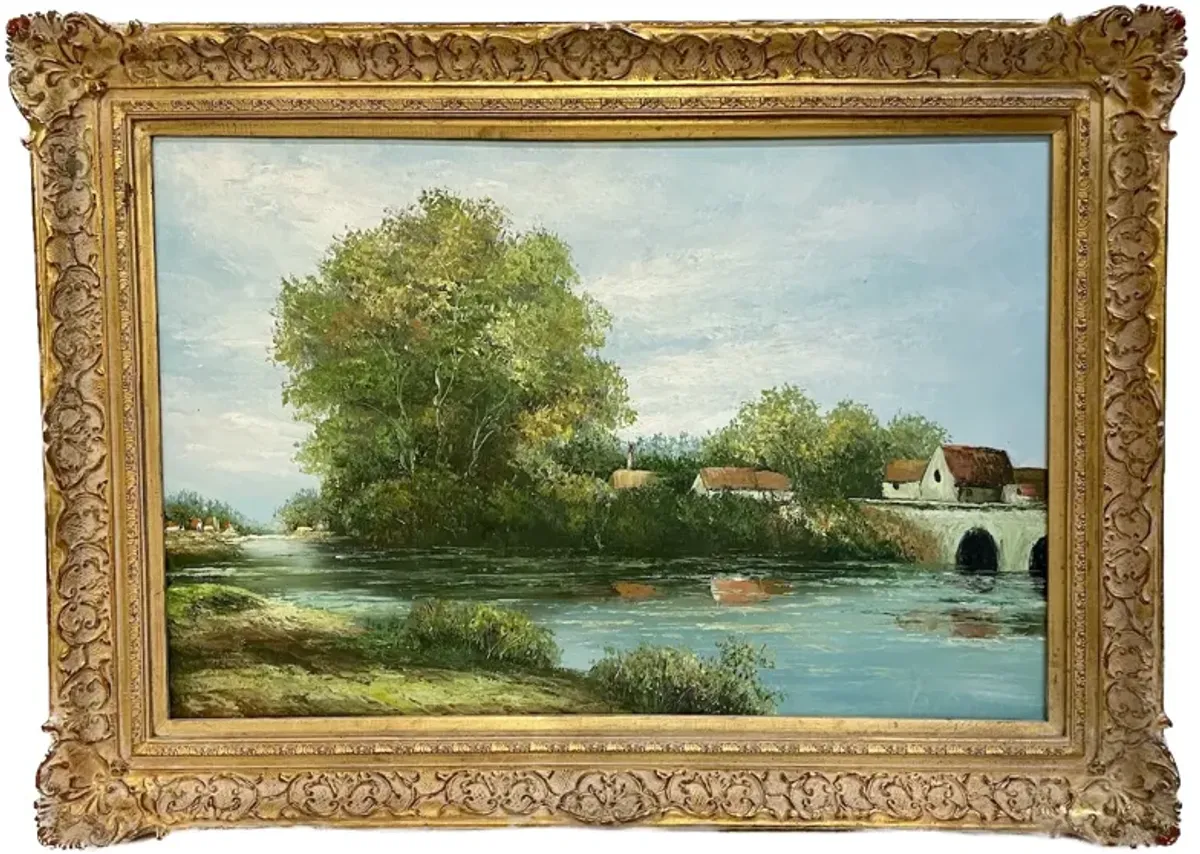 European Village & River Oil Painting