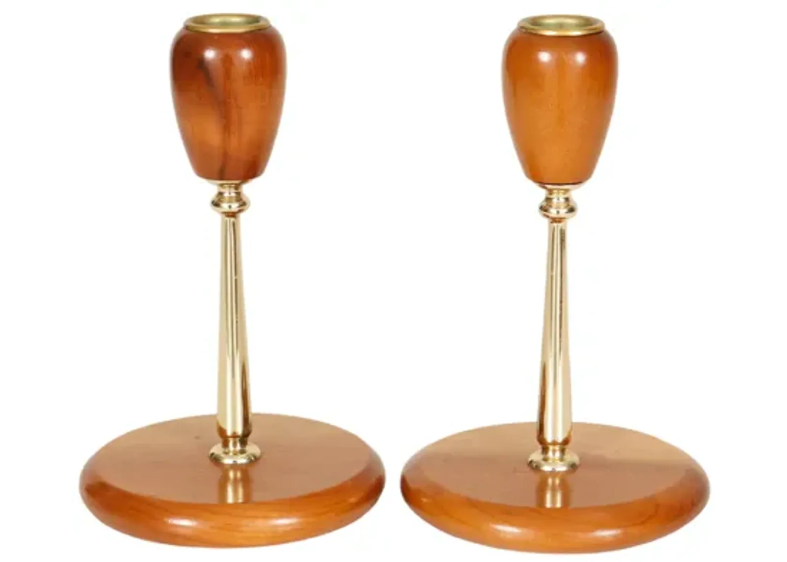 Myrtlewood & Brass Candlesticks - a Pair