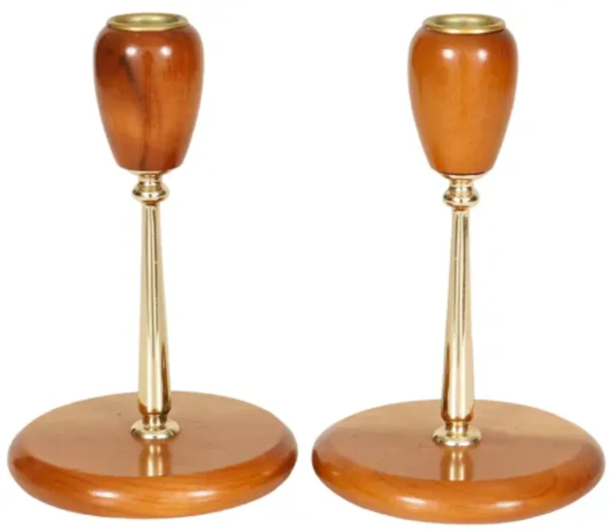 Myrtlewood & Brass Candlesticks - a Pair