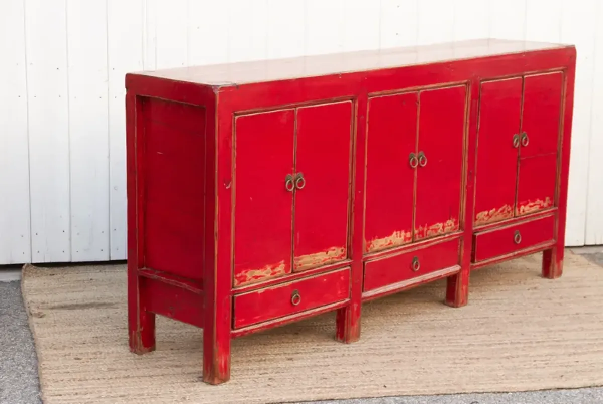 Long Red Lacquered Asian Sideboard