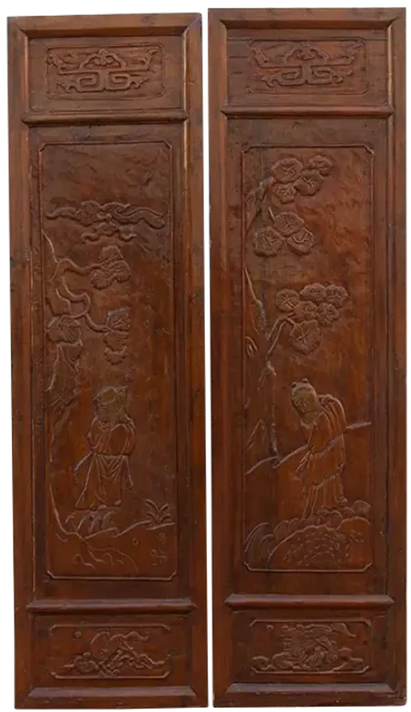 Set of 2 Carved Tang Dynasty Style Panel - de-cor
