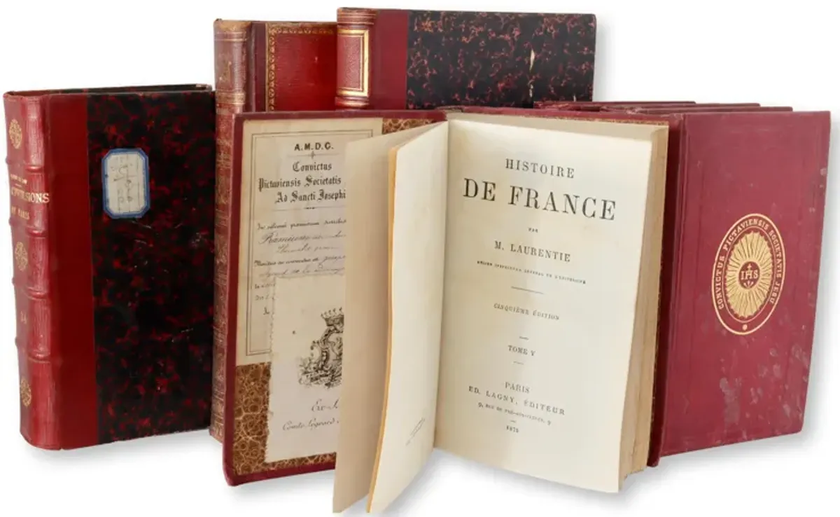 19thC French Red Leather Bound Books Set of 7