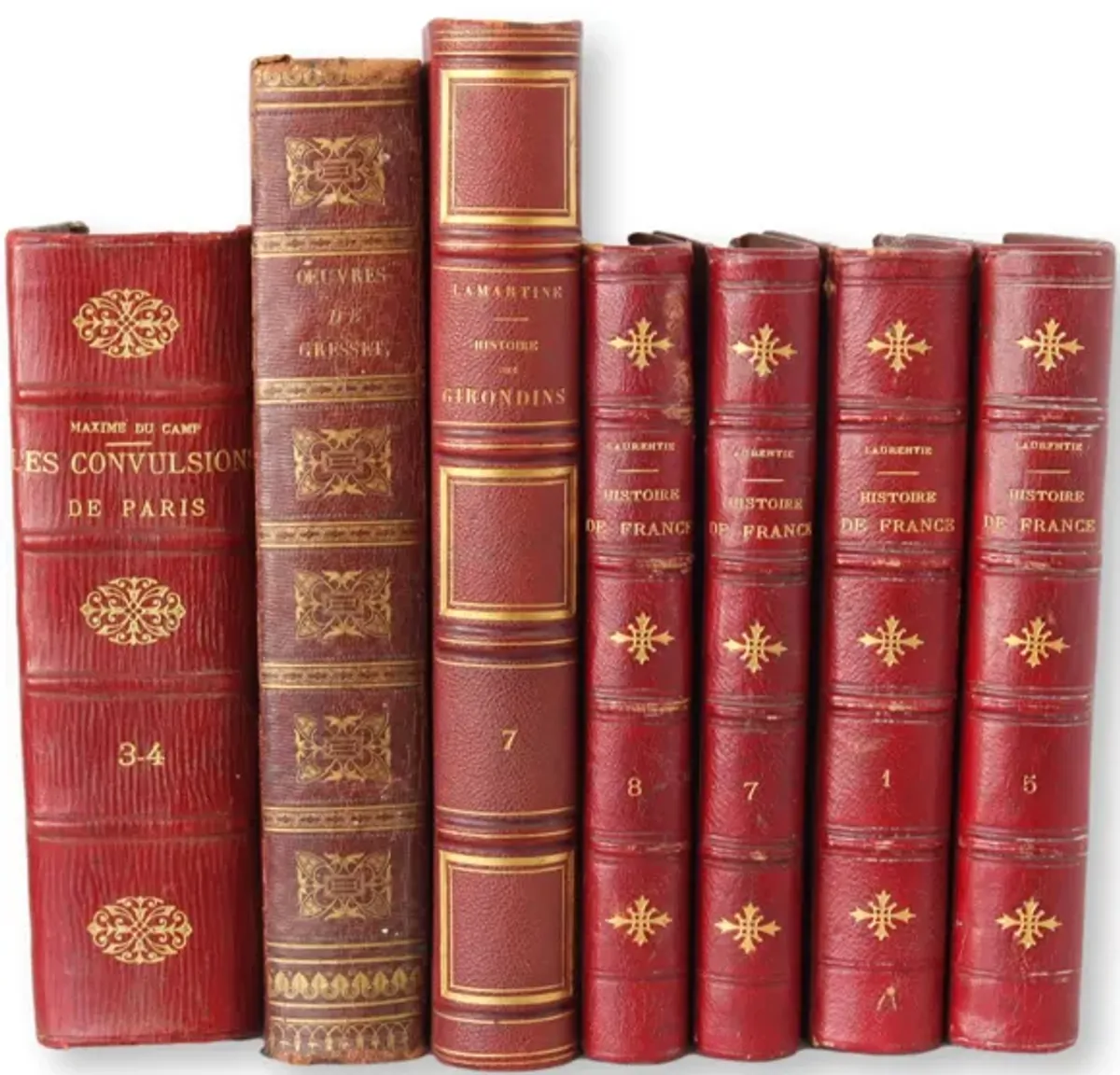 19thC French Red Leather Bound Books Set of 7