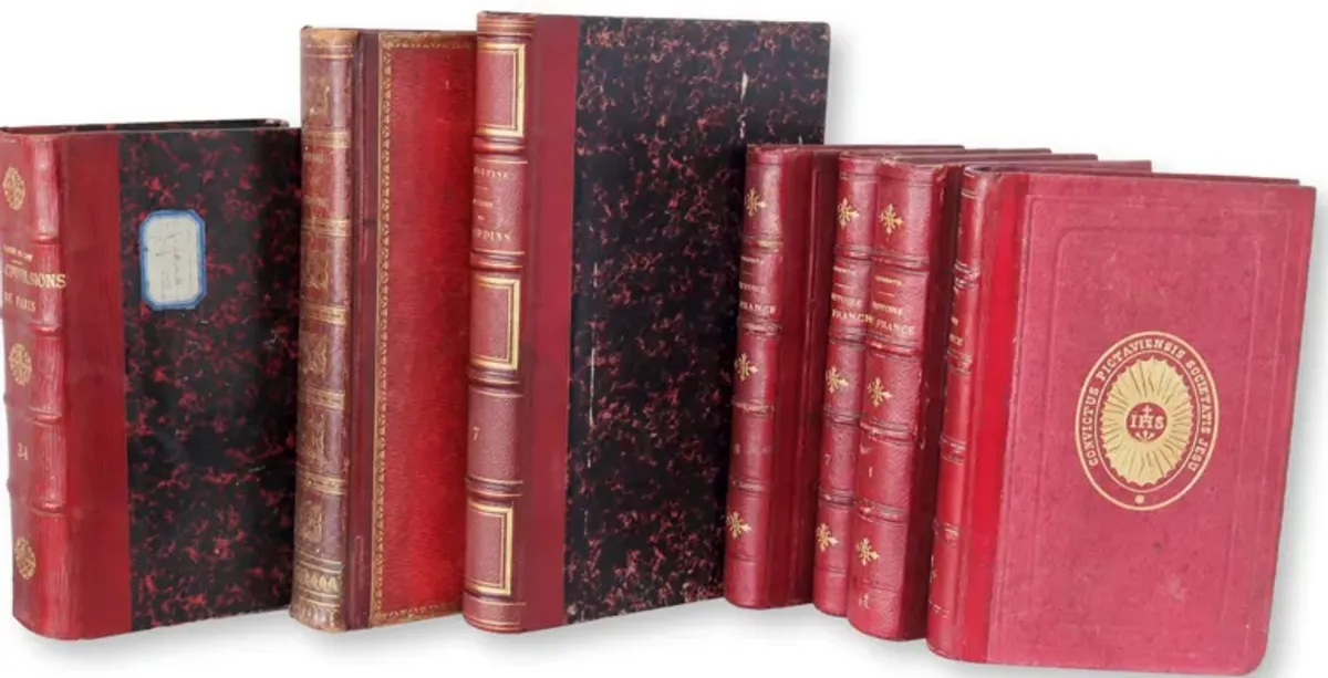 19thC French Red Leather Bound Books Set of 7