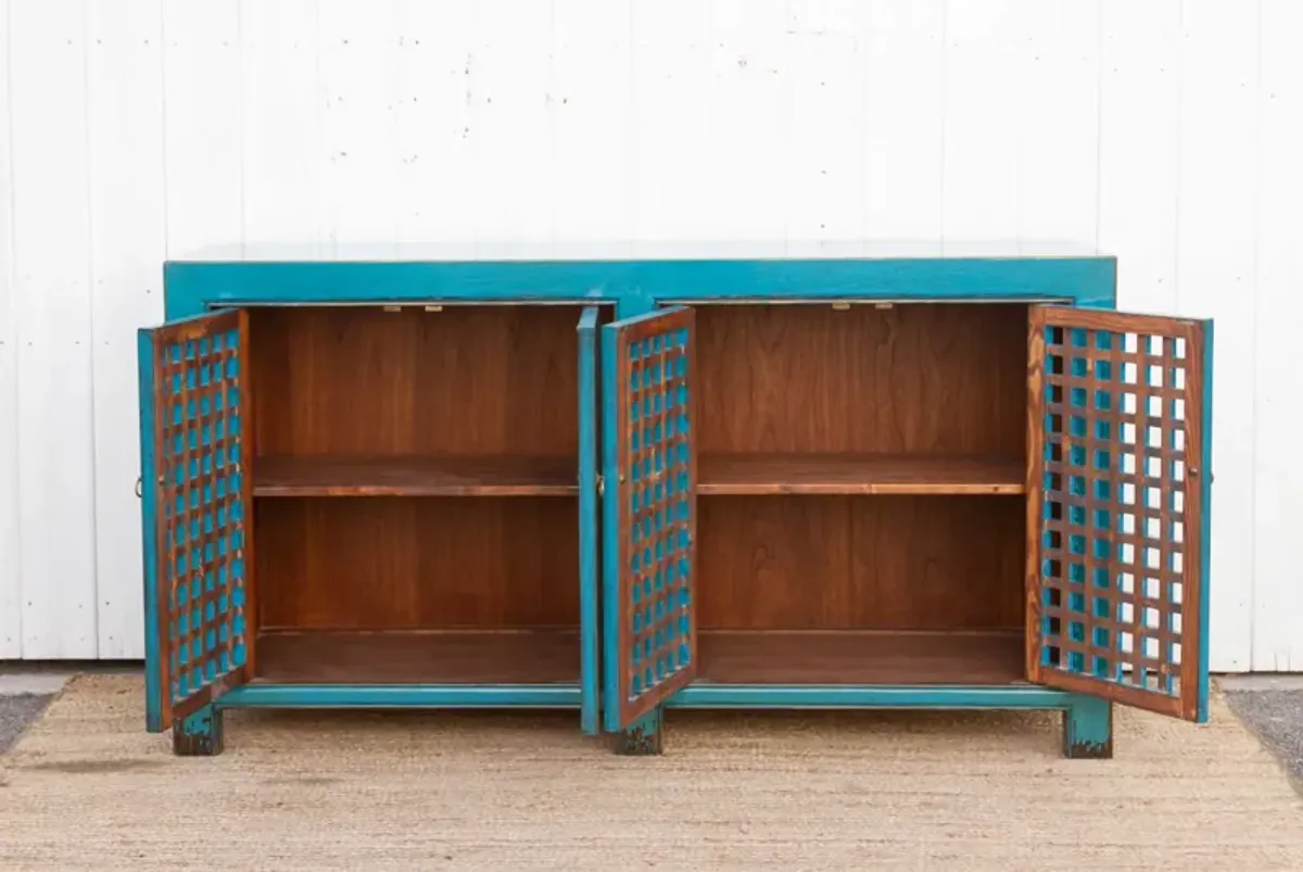 Long Painted Blue Lattice Sideboard