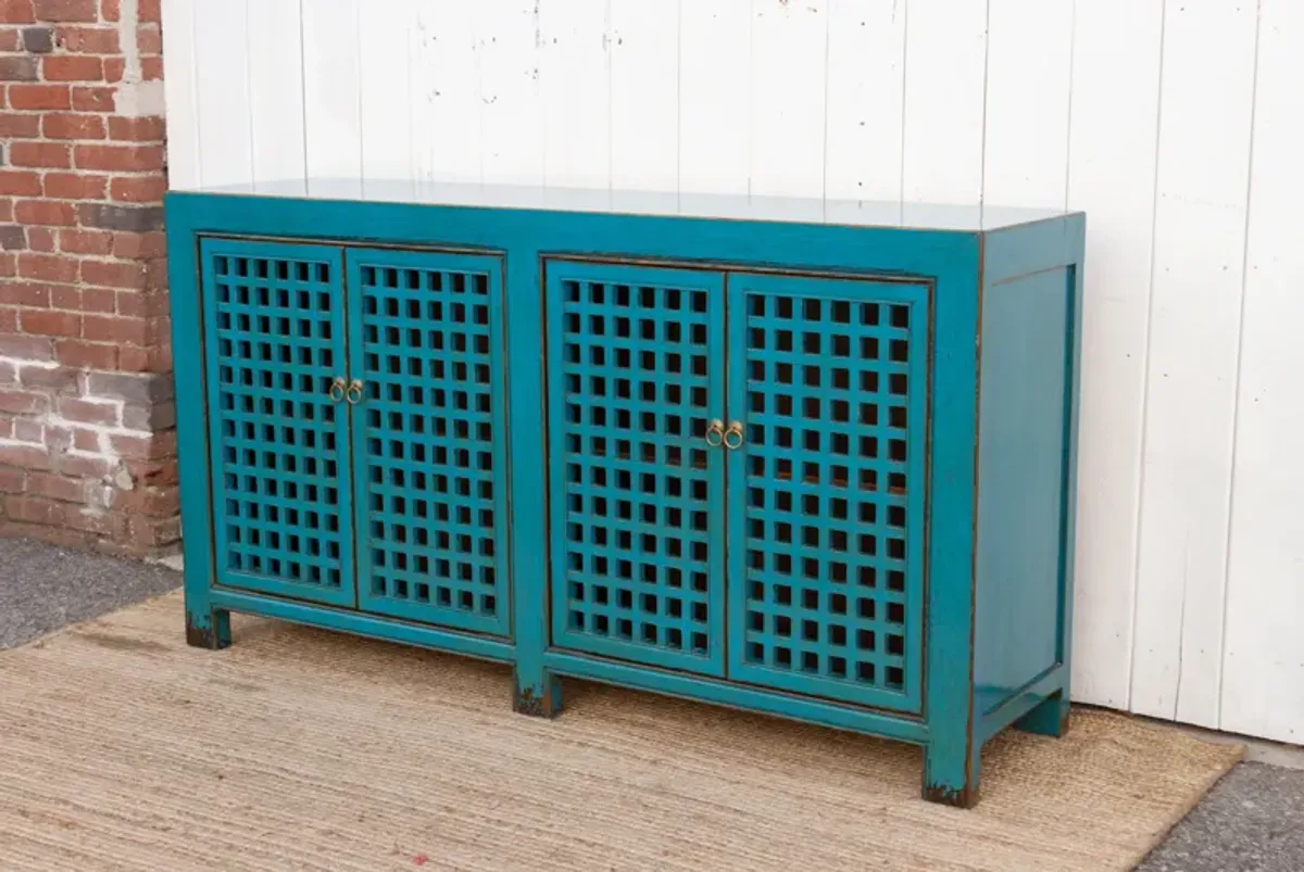 Long Painted Blue Lattice Sideboard