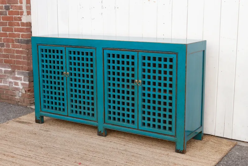 Long Painted Blue Lattice Sideboard